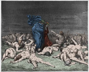 Inferno, canto 6: De gulzigen geteisterd door eeuwige regen, illustratie uit De goddelijke komedie van Dante Alighieri, 1885